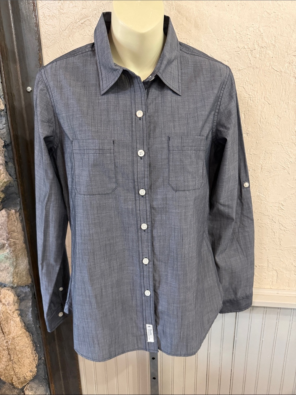 Women’s Gray Button-Down Shirt with Chest Pockets